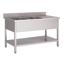 Plonge Inox Avec Étagère Basse Gastro M 2 Bacs À Gauche 1600 X 700 X 850Mm - GelatoPro.fr