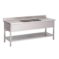 Plonge Inox Avec Étagère Basse Gastro M 2 Bacs Au Centre 2000 X 700 X 850Mm - GelatoPro.fr