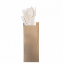 Set Sachet Kraft De 3 Couverts En Bois 16 Cm Et Cure Dent Avec Serviette - Carton De 200 Sets - GelatoPro.fr